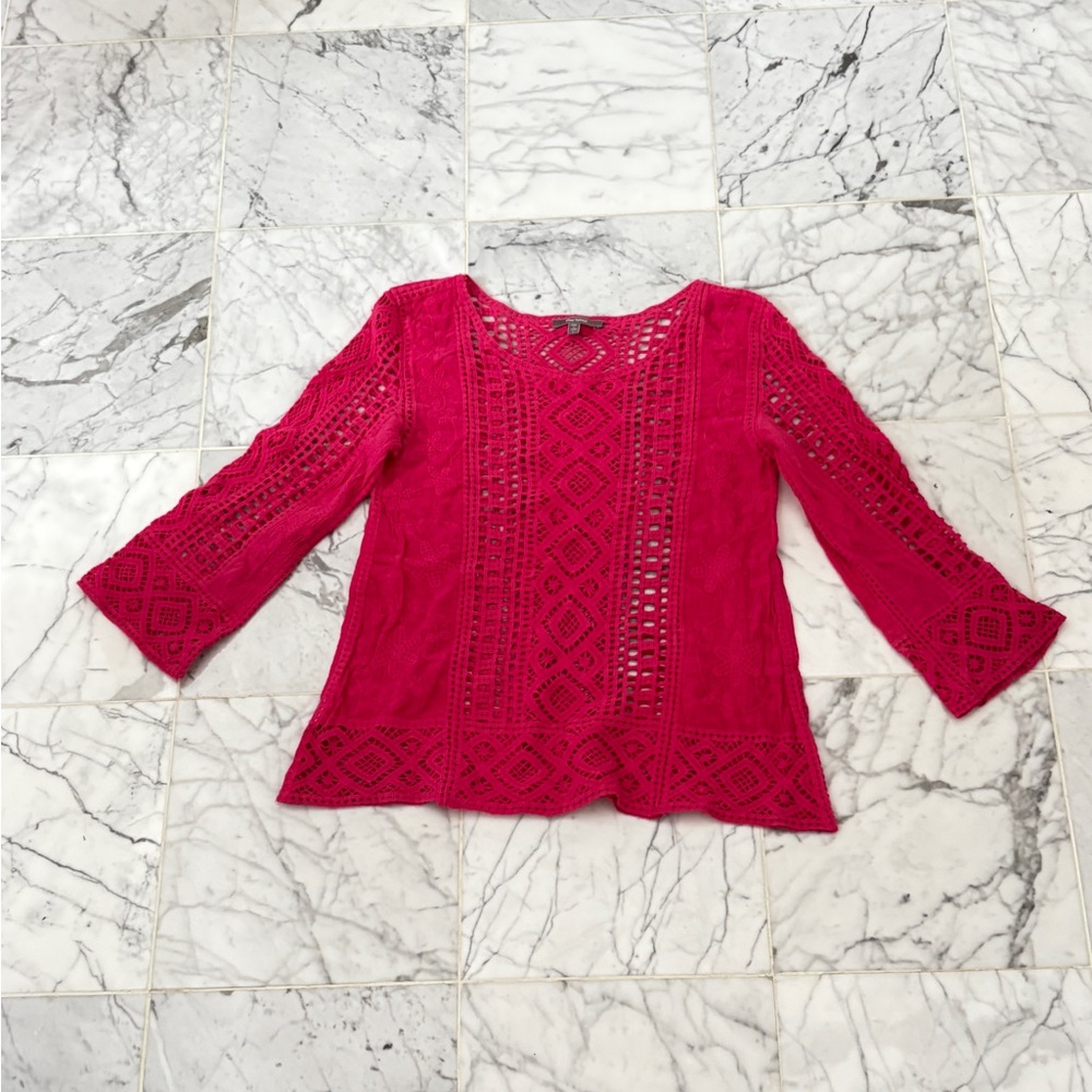 Anthropologie Blue Tassel Fuschia Pink Blouse Size Large Crochet & Embroidered
